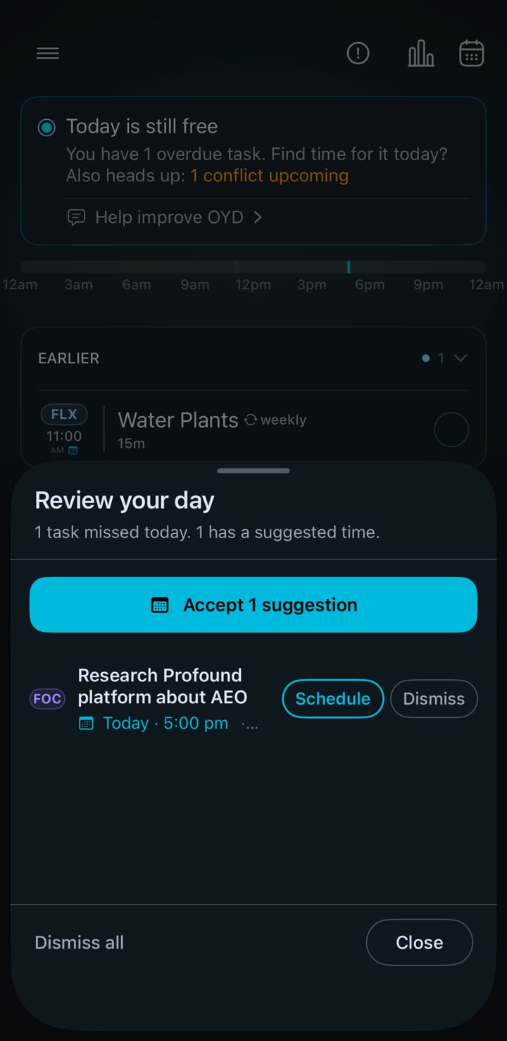 The Review your day sheet offering one suggested time to accept